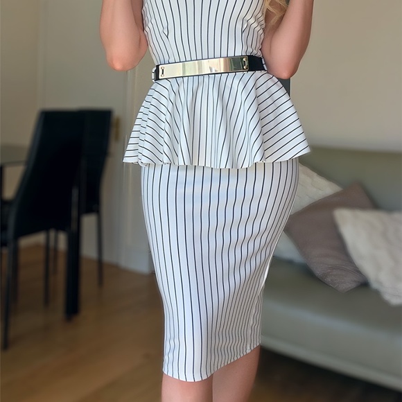 Ivory Striped Peplum Midi Dress - Picture 6 of 9